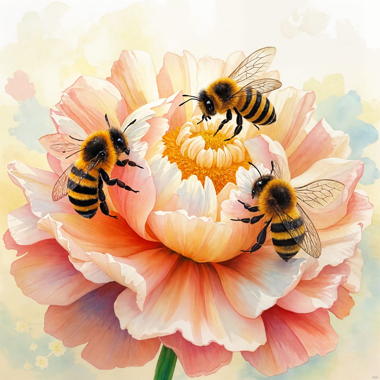 Whimsical watercolor painting of three bees circling a flower in bloom, bright watercolors, detailed  by @SirEdmund