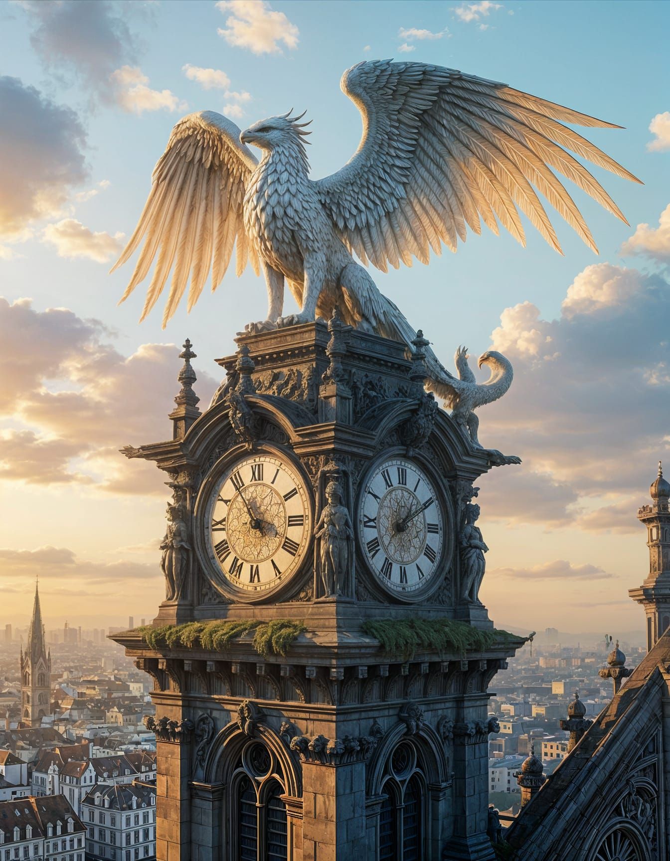 A majestic griffin perched atop an ancient, weathered clock tower, overlooking a sprawling cityscape ...  by @Kh-nagsh