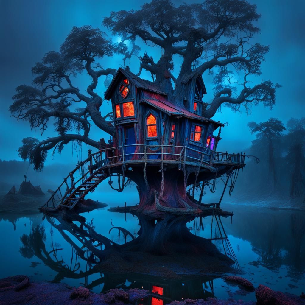 Haunted treehouse in swamp