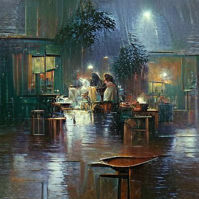 Night cafe in the rain