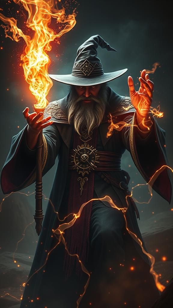 Un misterioso mago que lanza un hechizo poderoso, rodeado de efectos mágicos y una atmósfera mística, ...  by @Julio Rosales