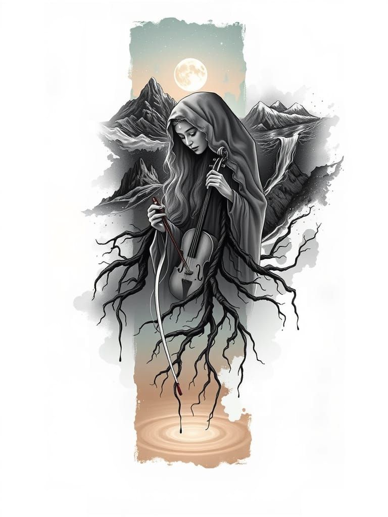 A magestic chain of mountains, above it, a mystic celestial sky, below the mountains, roots dripping far below on a crystal lake. the roots ...