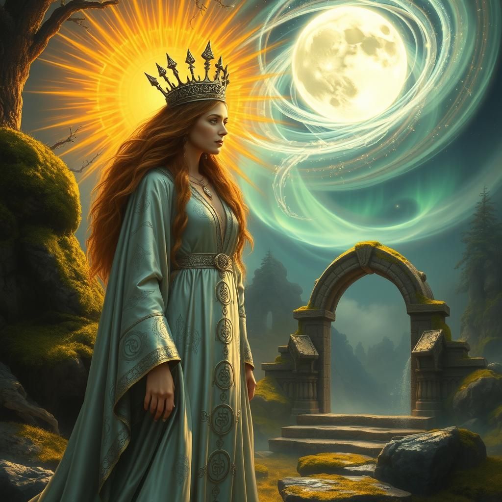 a dream vision of a moon and sun merging, intricately designed circular