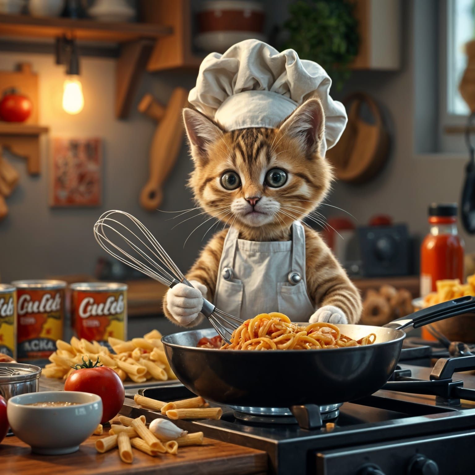 Kitten wearing chef's hat and apron, preparing noodles with tomato sauce in a realistically depicted Kitchen setup   by @Mindful THE KB