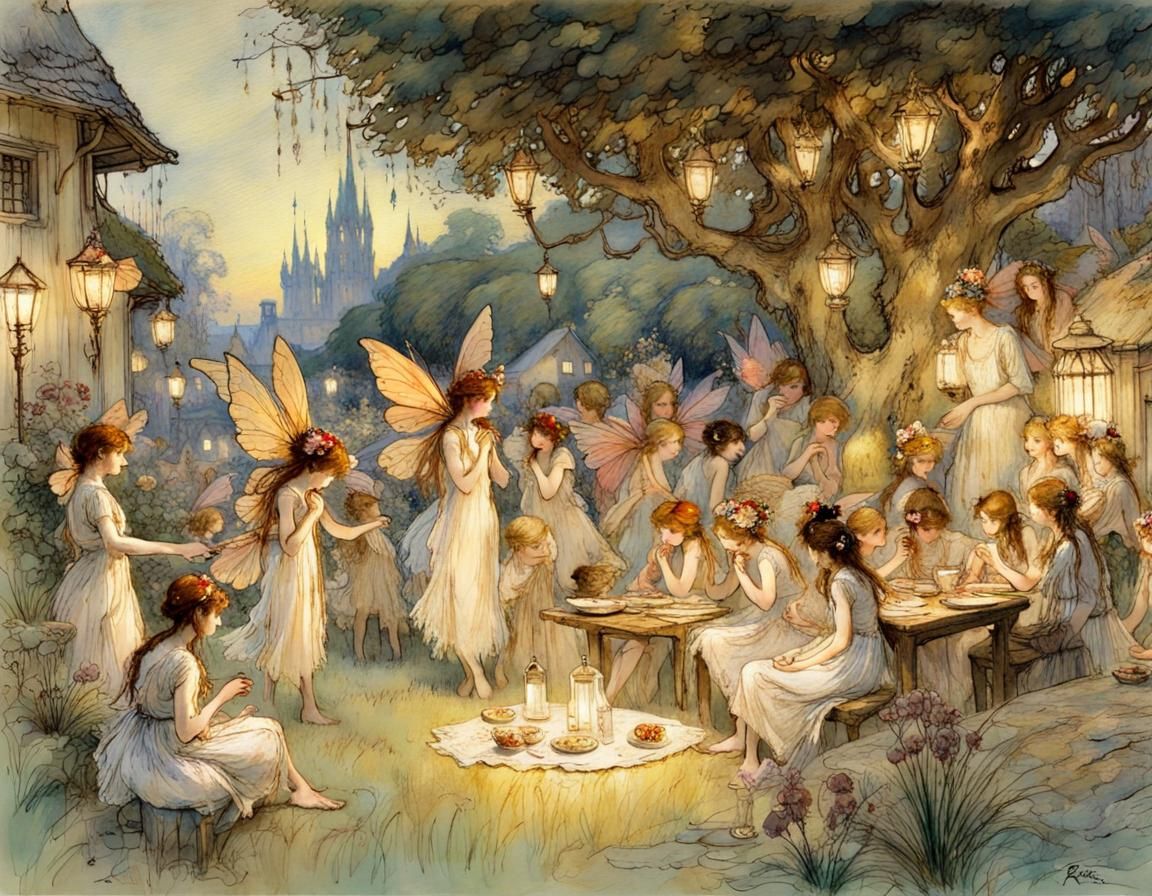 Fairies party festive celebration village, by Arthur Rackham...