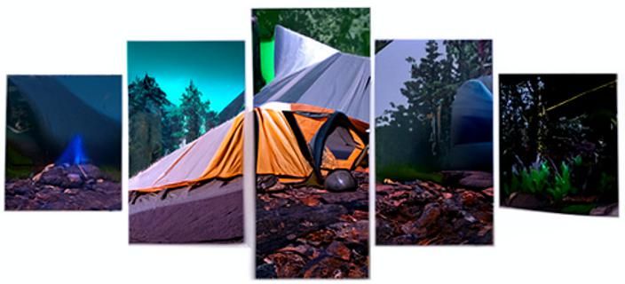 Camping tent with a campfire