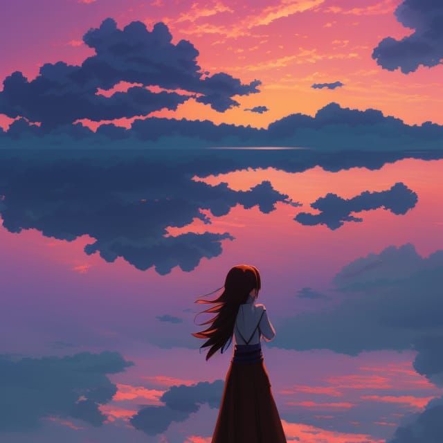 an painting of anime girl standing on the lake with cumulus clouds ...