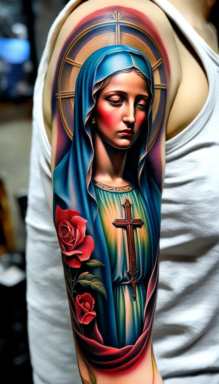 Full 3D surreal full sleeve tattoo Blessed Virgin Mary shado...