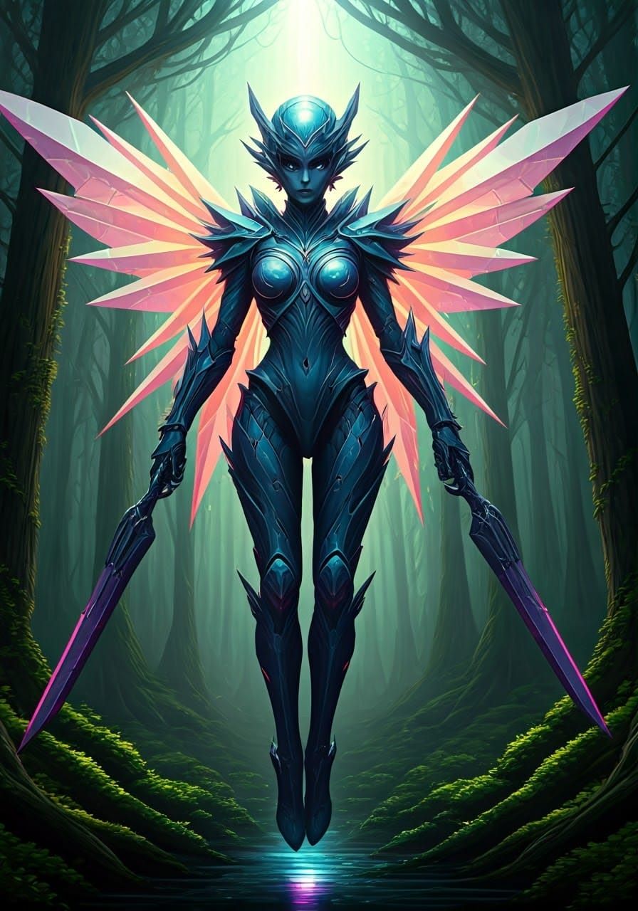 Alien Fairy with Crystalline Armor in Cyberpunk Style
