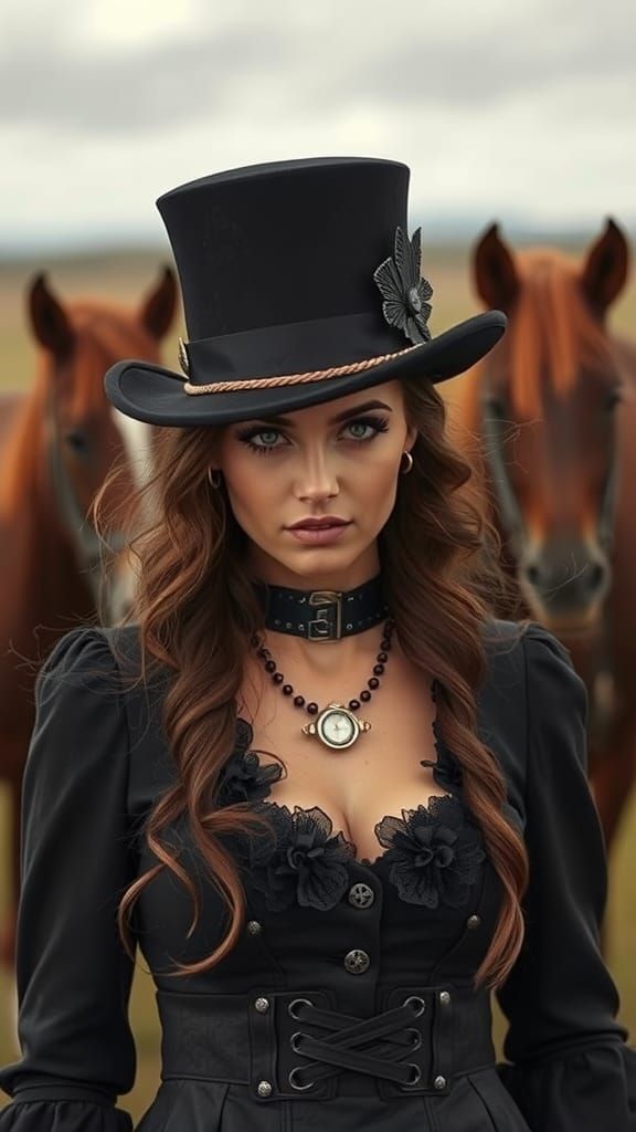 a beautiful steampunk gothic woman, with a black top hat on her head, travels in time to the 19th century ...  by @Golem