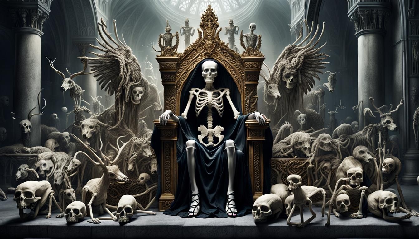 Skeletal Queen with skeletal animals.