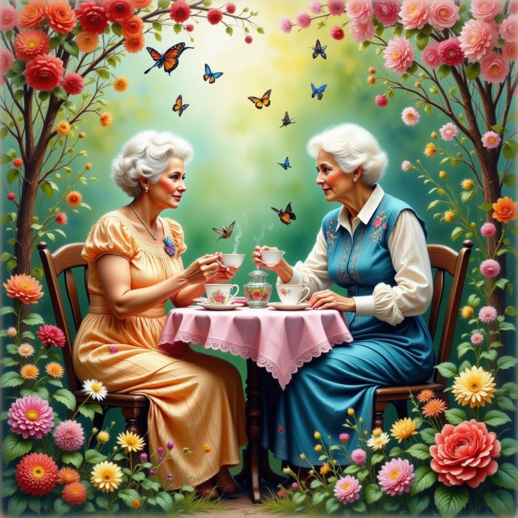 Elderly Couple's Whimsical Tea in Sun-Dappled Garden