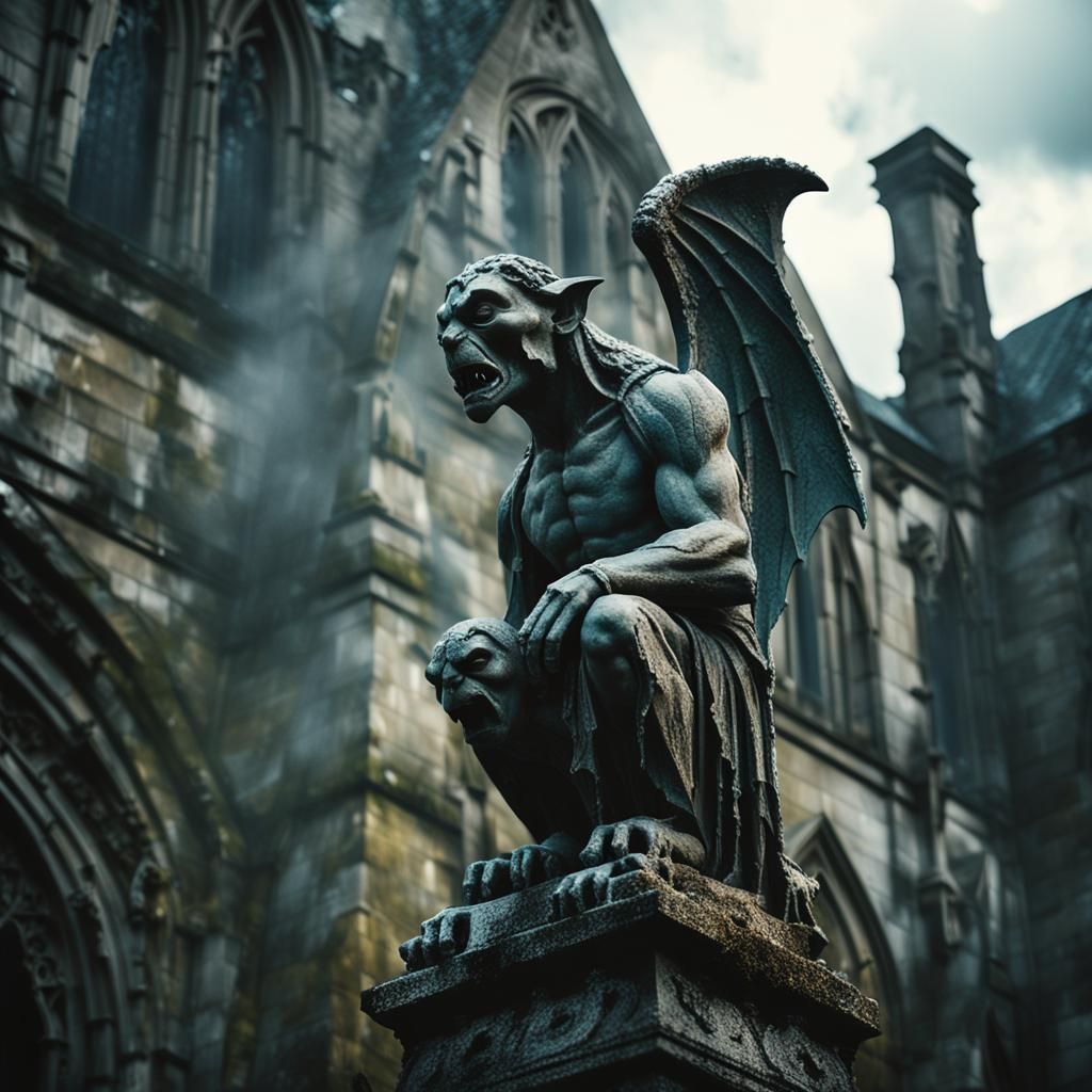 (Photorealistic:1.5) Gothic wet gargoyle, dripping water, moody atmosphere, dramatic rain clouds, dark ...  by @Luigi