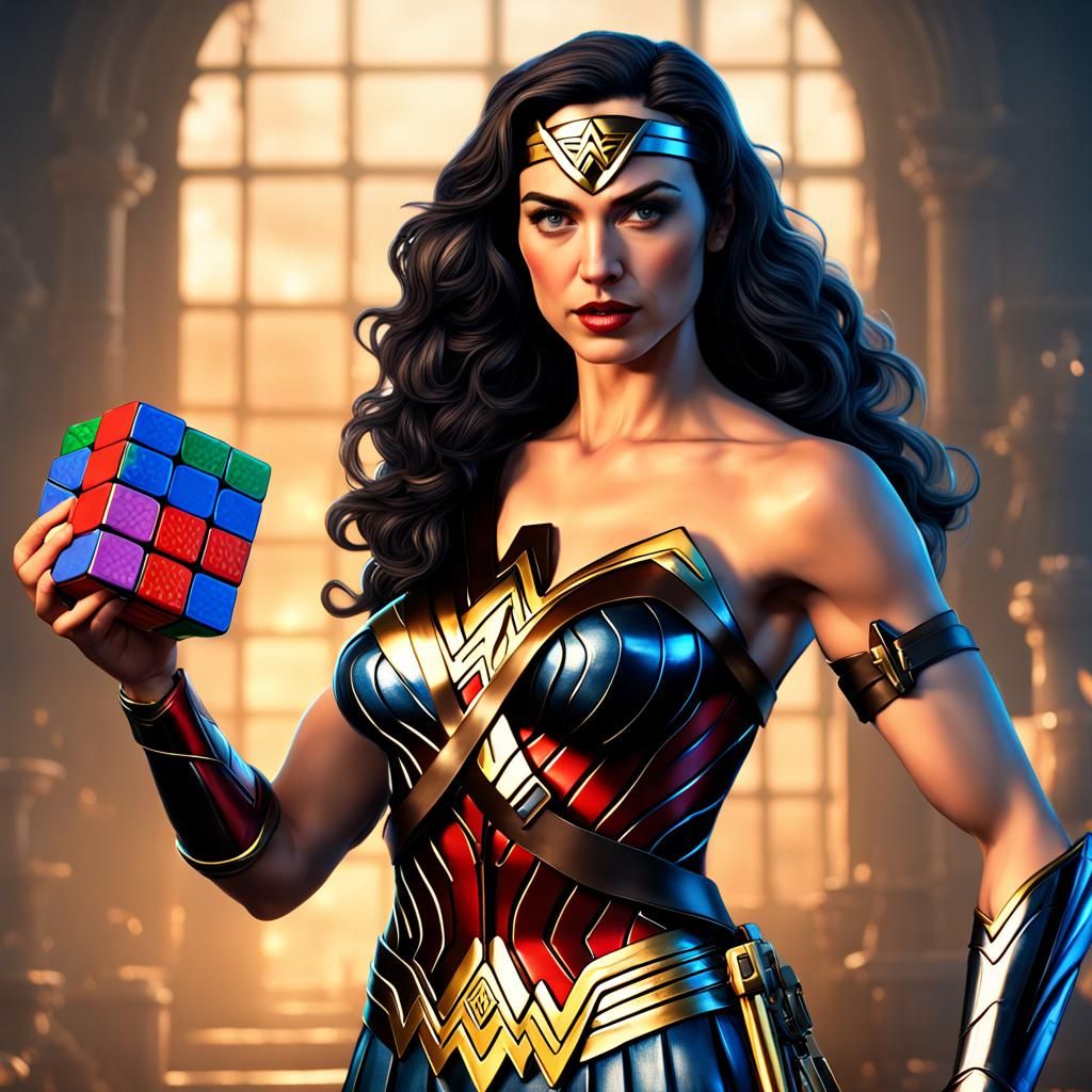 wonder woman holding a Rubik's cube