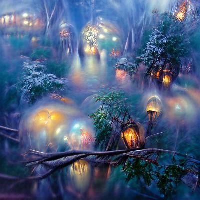 magic floating lights night forest