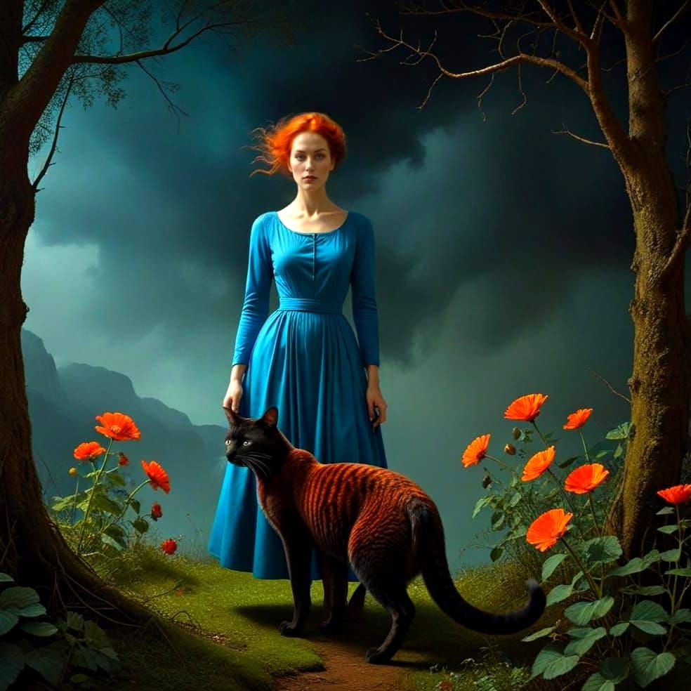 Surrealistic Encounter: Beautiful Lady and Oversized Cat