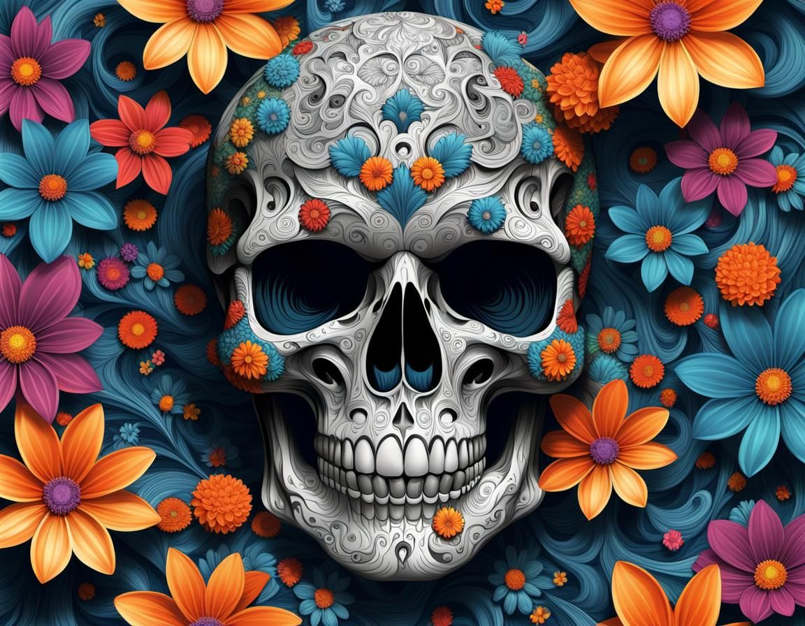Skull covered with all the flowers in the world