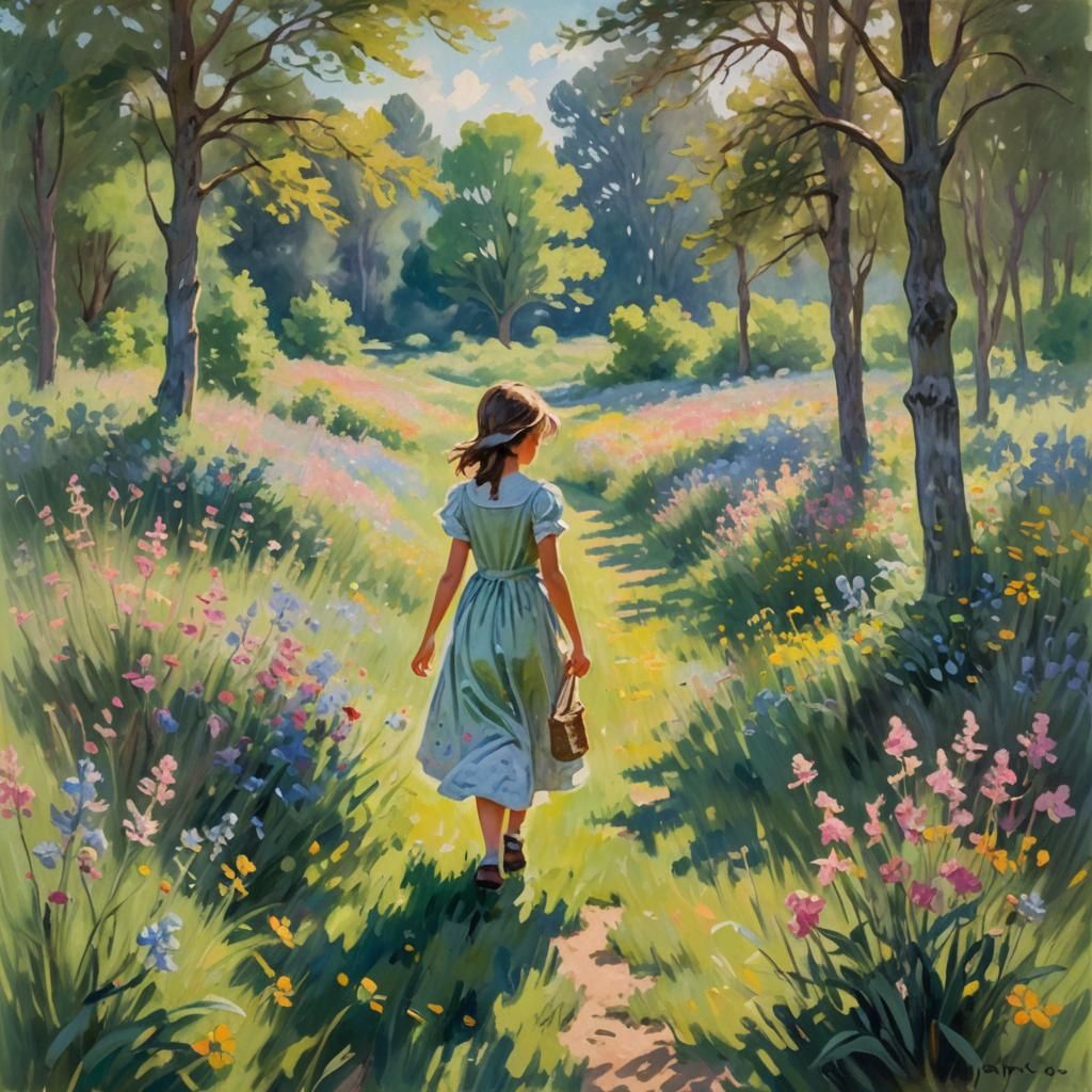 Girl Picking Wildflowers in Impressionist Meadow
