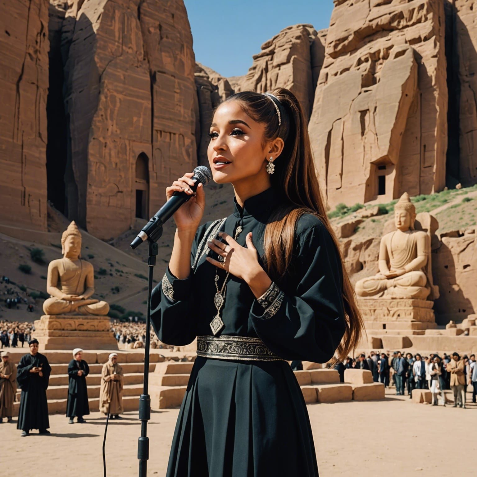Ariana Grande performing a song in front of the Buddhas of B...