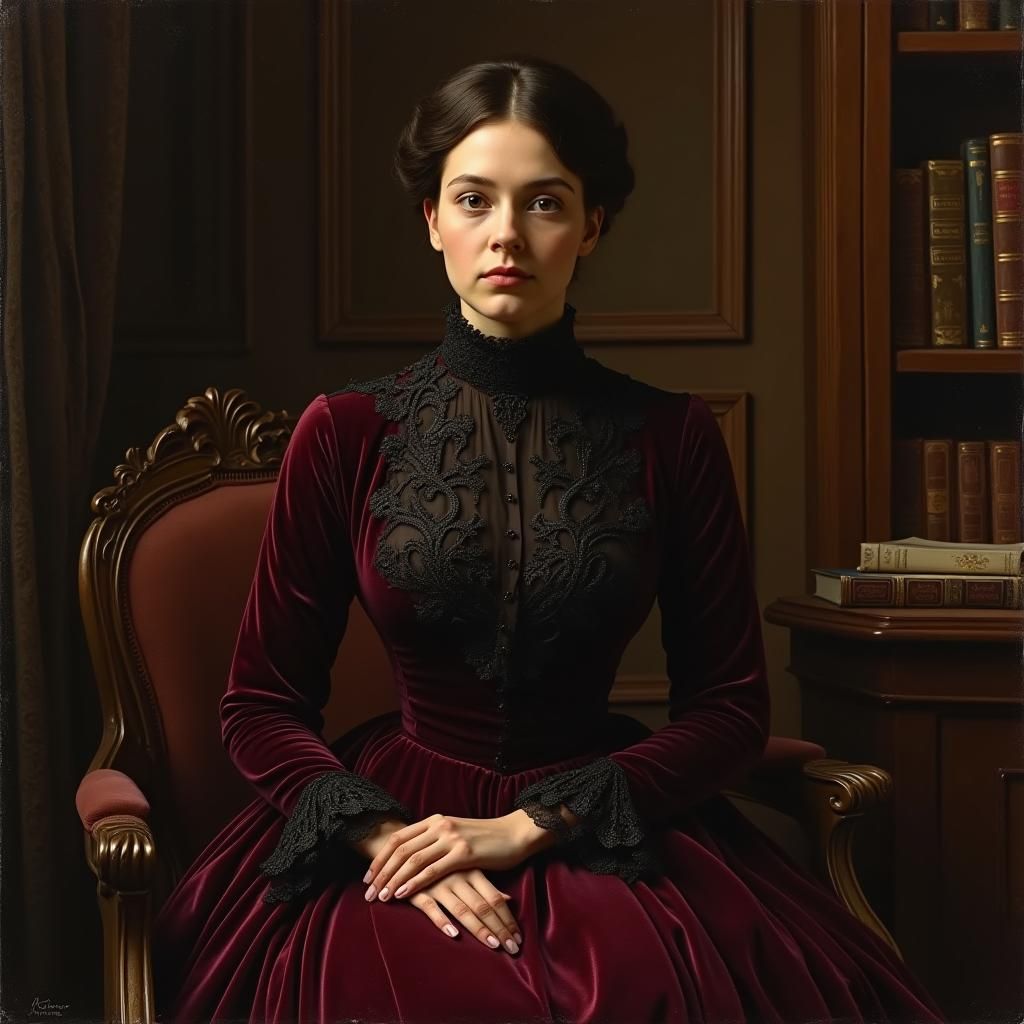 Color portrait of a young 1800s woman, Victorian, sensible, beautiful, kind, literary character 