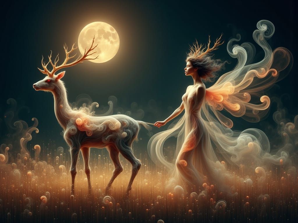 <lora:Ethereal Magic Flux:1.0> A stunning elven woman with dark pixie short hair and tiny stag antlers, made of ghost ectoplasm, leading a d...