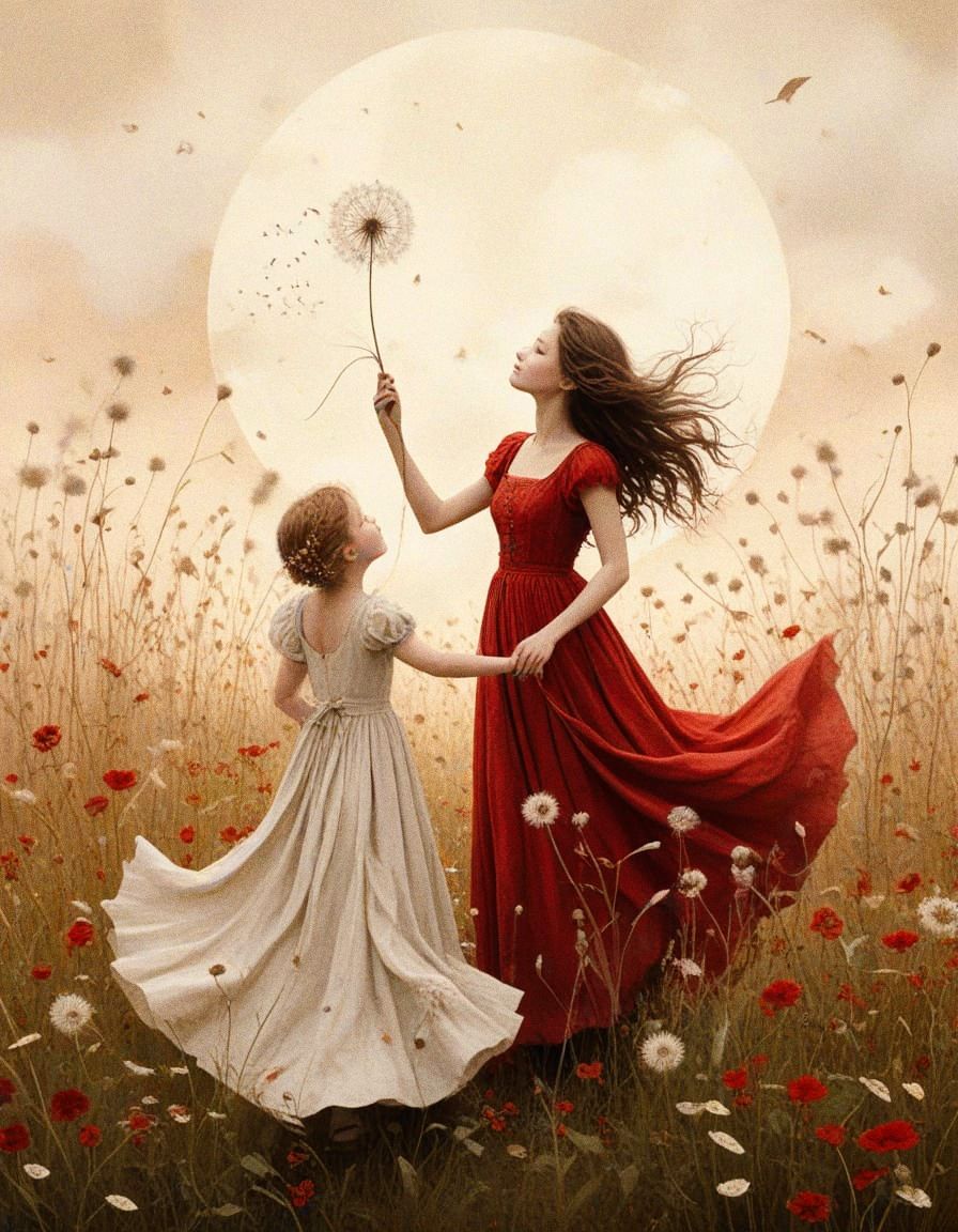 A whimsical surreal illustration for a children's book, done in red and beige watercolor technique. A delicate, slender,...