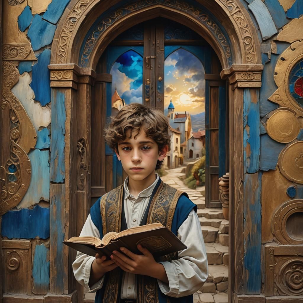 Jewish Boy in Old Village: Klimt-Inspired Matte Painting