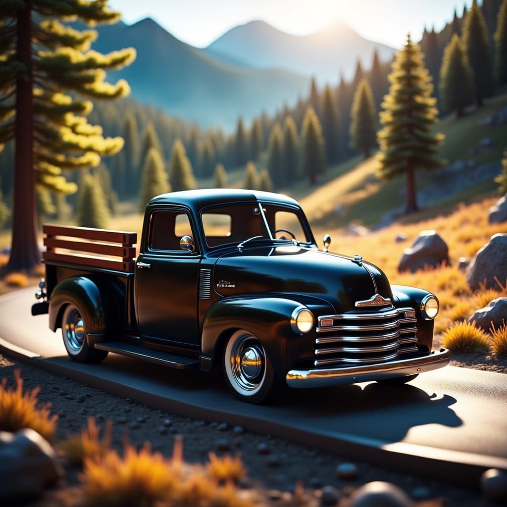 <lora:Flux Night Sparkle:1.0> Classic vintage black pickup truck on a winding road. Glossy black body, ...  by @Bella Dog