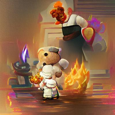burning chef with a teddy bear friend