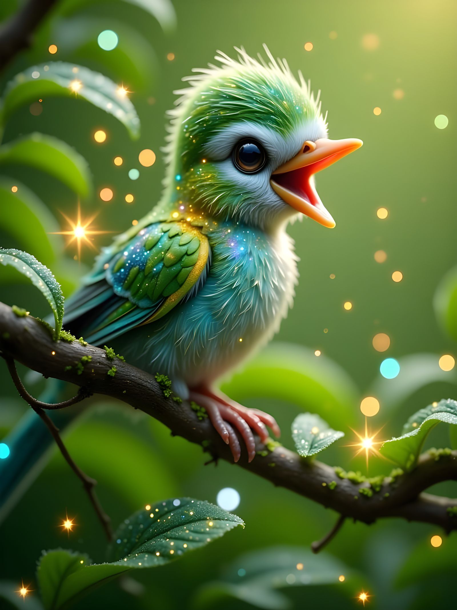  <lora:Ethereal Glitz:1.0> , baby bird in a tree, glittering, ethereal