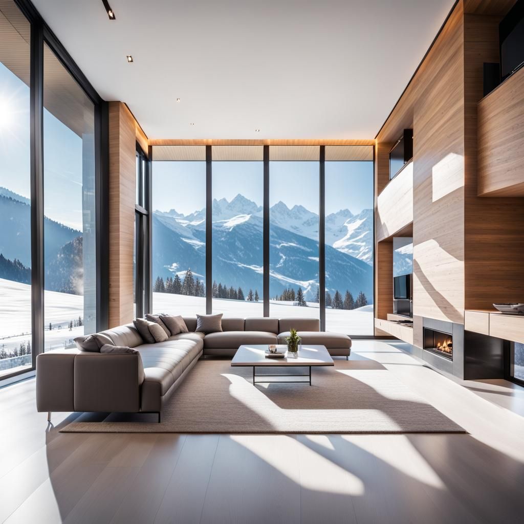 inside a modern minimalist mansion in the snowy alps