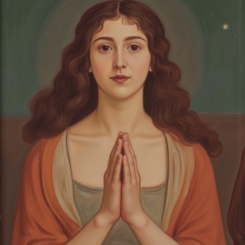 Devotional Portrait of a pretty woman with praying hands in the style of  <lora:Soft Symbolism:1.0>