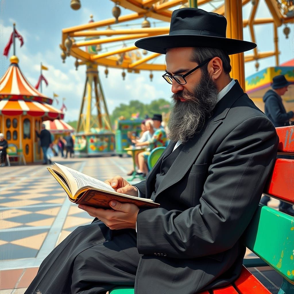 Orthodox Man Studying in Amusement Park