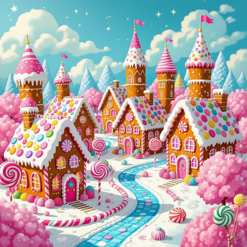 Whimsical Candy Cityscape with Gingerbread Houses