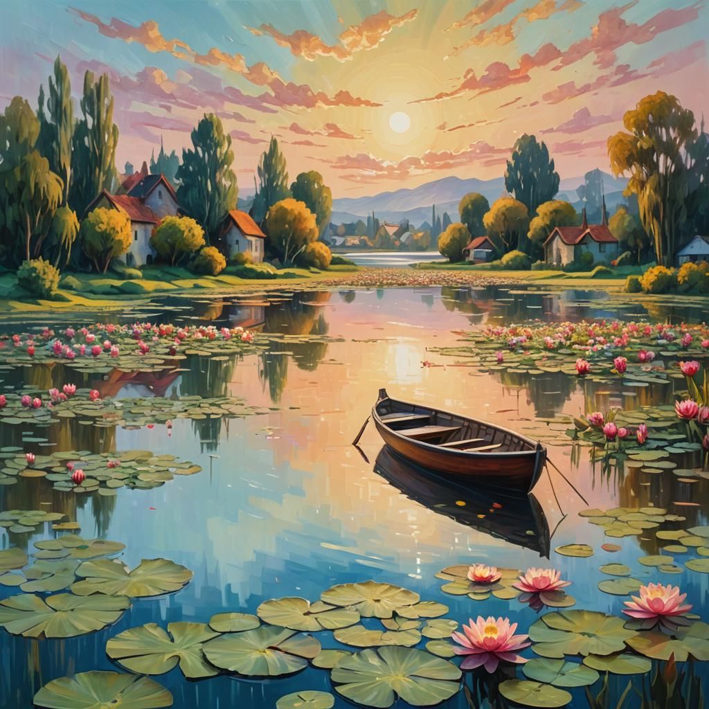 Golden Hour Lake Scene in Surrealist Style