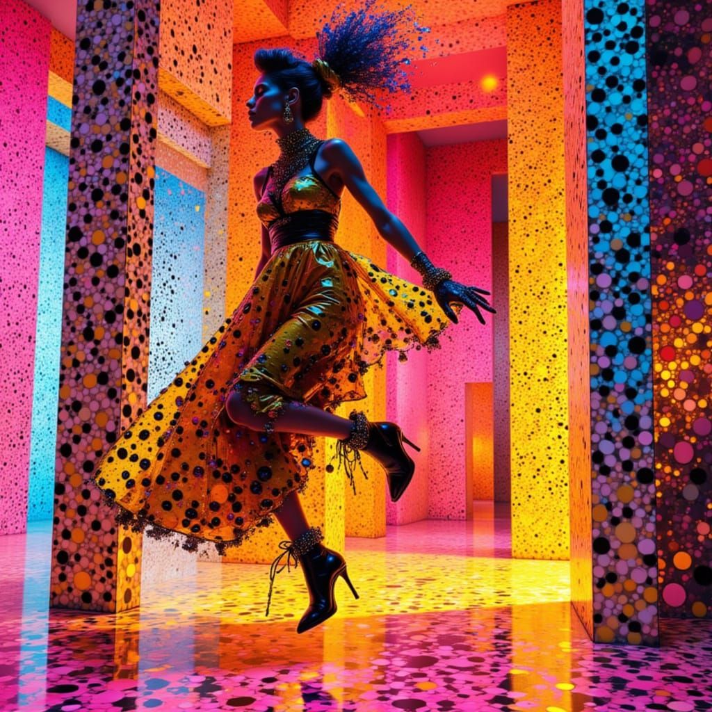 An eccentric woman in a dynamic pose