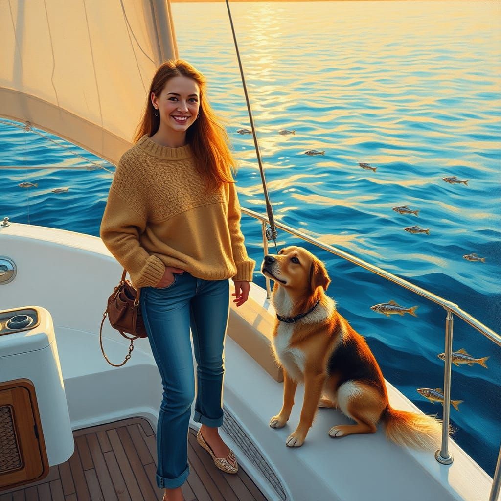 Fishing in a yatch with pet Sheppard dog. Cozy evening, calm...