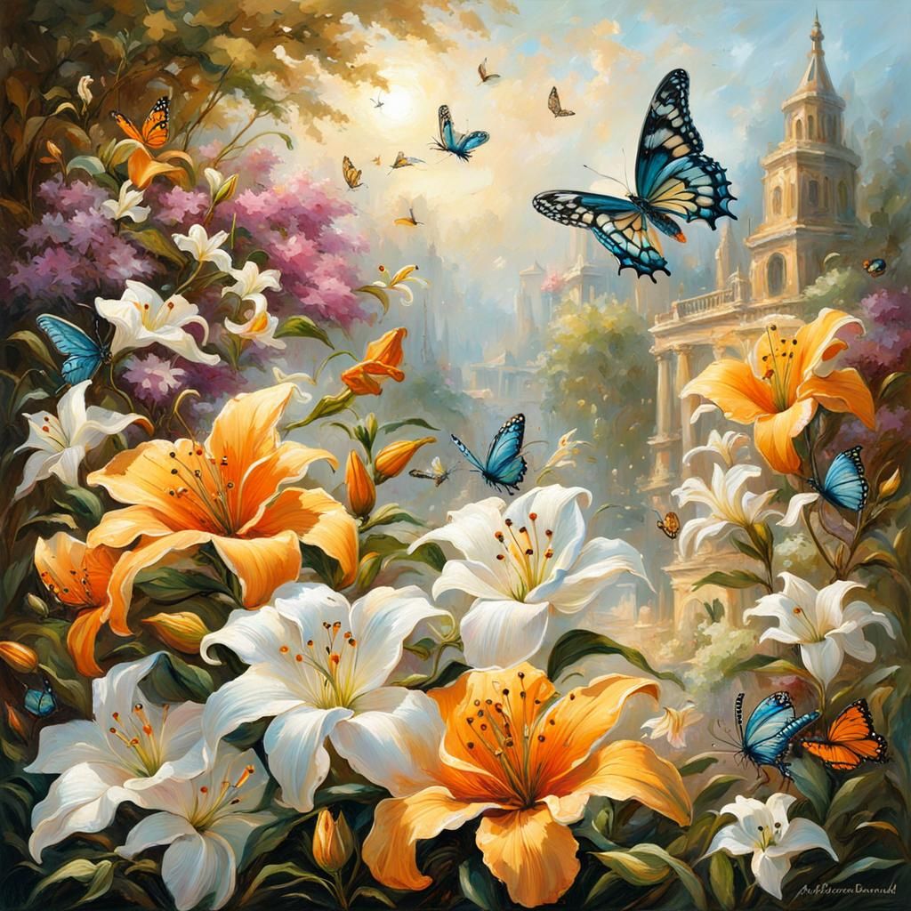 Butterflies in a garden - AI Generated Artwork - NightCafe Creator