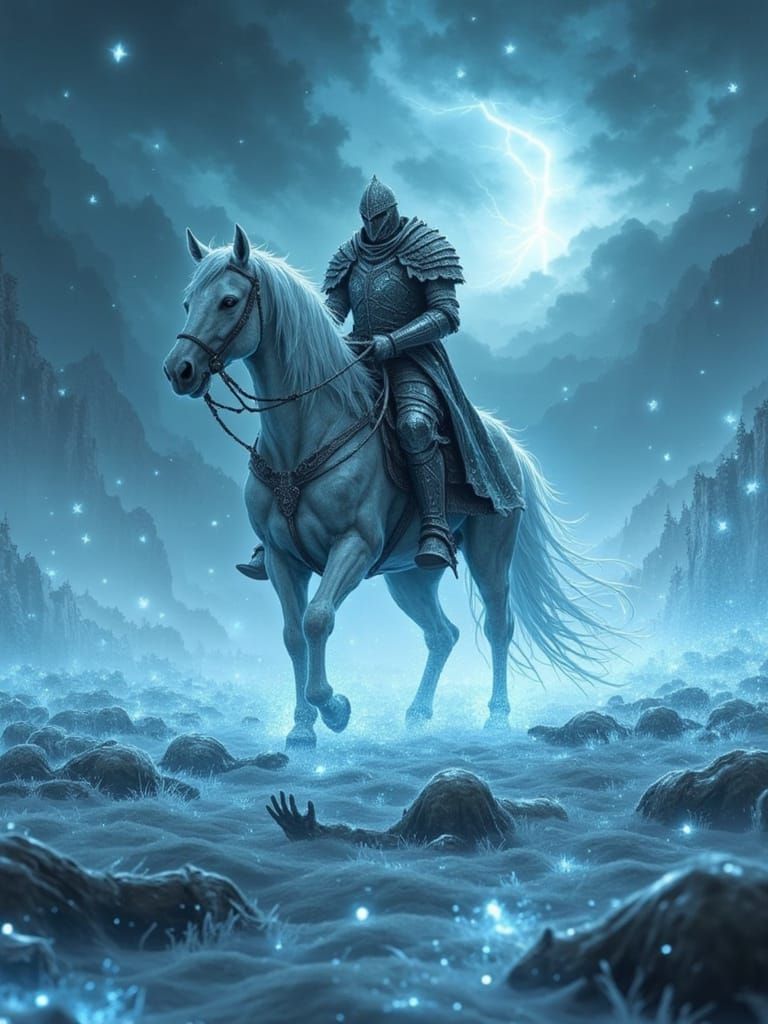 A knight wrapped in frostbitten steel rides a spectral steed across a frozen battlefield littered with blue-lit corpses. The Erdtree’s refle...