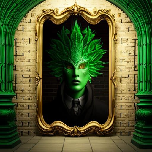 Epic magnificent Digital art, green flames, vantablack Venetian mask ...