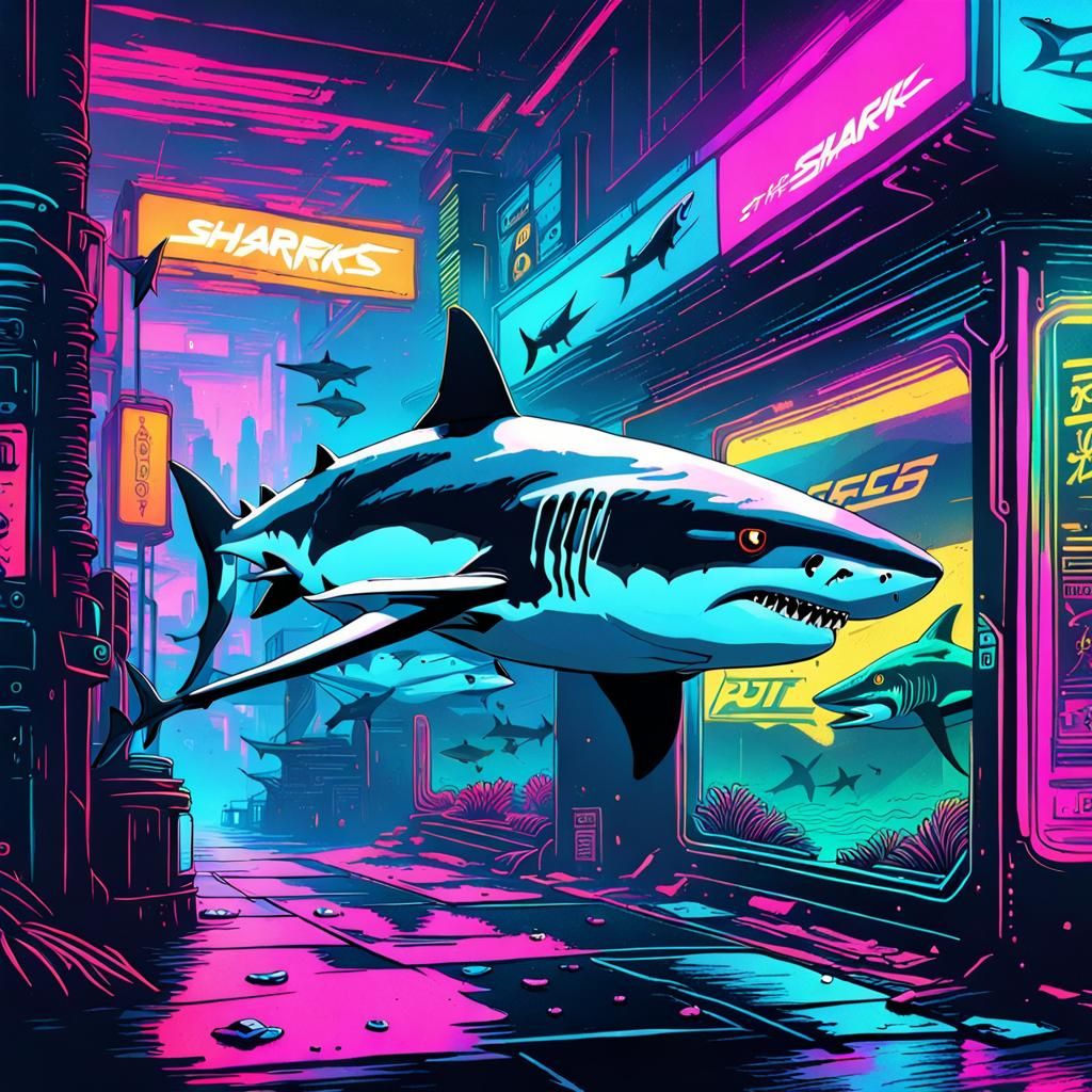 Sharks at the bottom of the sea aetherpunk colorful cyberpunk 2099 ...