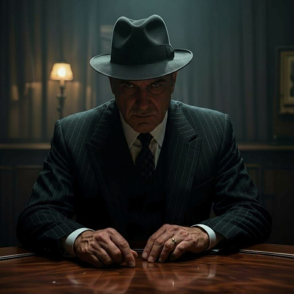 High color, Photo quality,  A grizzled mafia boss, his face etched with years of hard living, stands in a dimly lit, smoke-filled backroom. ...