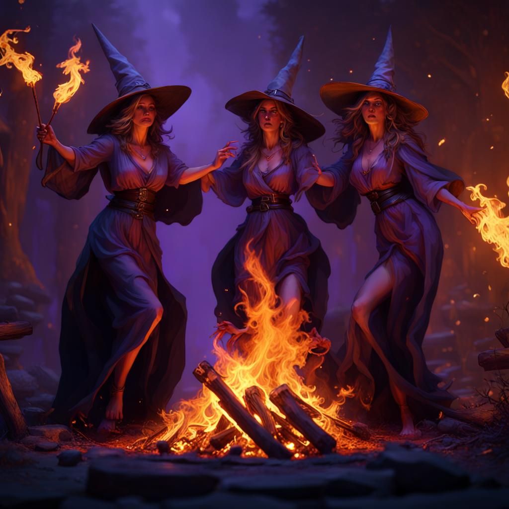 Three witches dancing around a fire