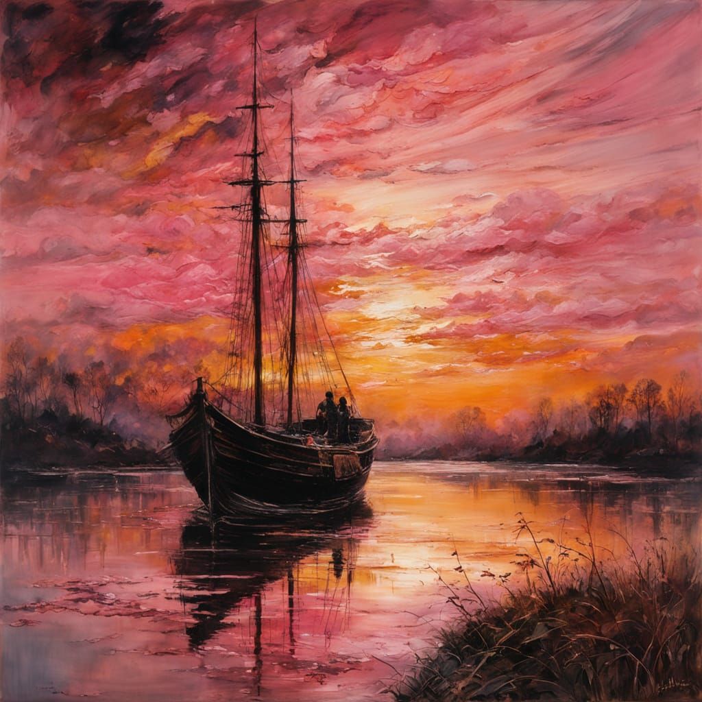 Encaustic sunset in shades of pink and amber over a lake with a boat, spring