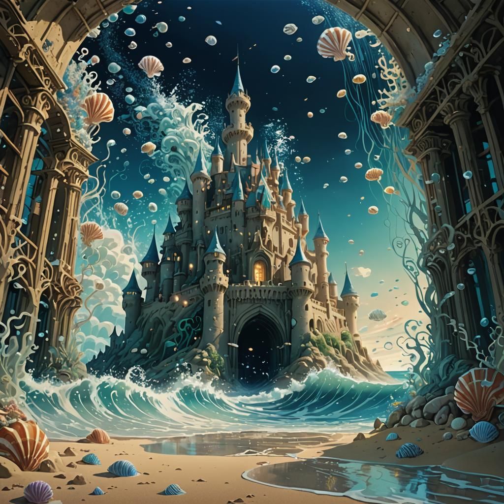 A castle of sand rising from beneath the waves, parting the ocean. Mystical creatures weave between seashell gates. The castle sparkles unde...