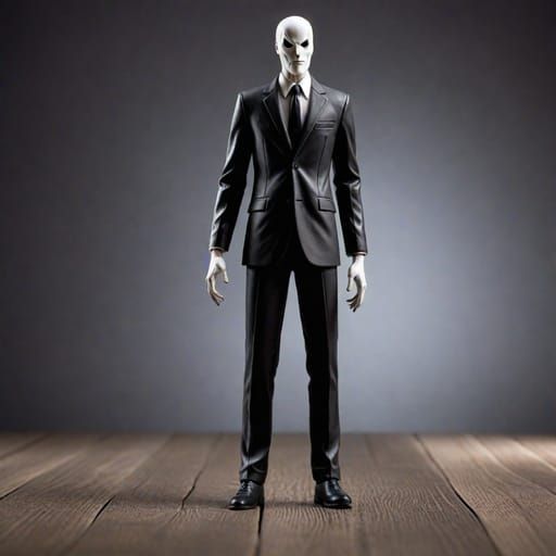 Realistic ultra detailed Toy funko pop plastic Slender man video game action figure sealed in window packaging display box 📦with nighttime...