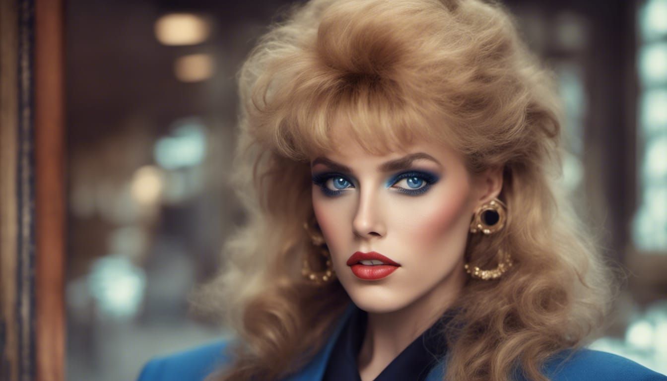 1986: A stylish secretary with blue eyeshadow, chunky plasti...