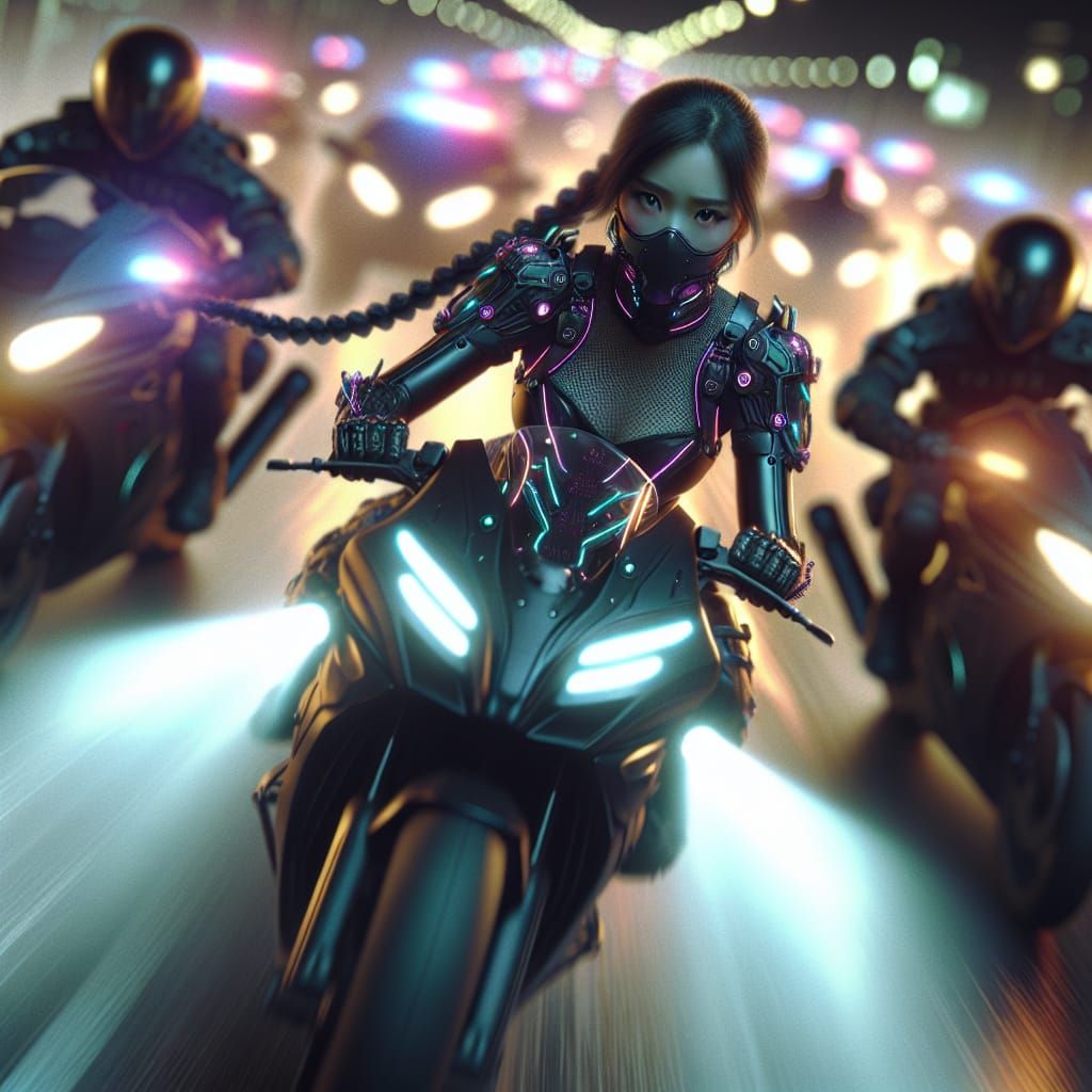 young teen Asian assassin girl in cyberpunk neon armor and riding a sleek  futuristic motorcycle at high speeds while flying police bikes cha... - AI  Generated Artwork - NightCafe Creator