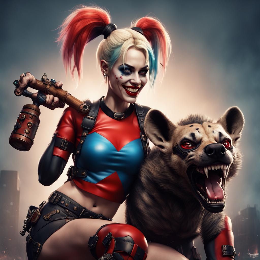 Harley Quinn with her laughing Hyena full body dramatic pose - AI Generated  Artwork - NightCafe Creator