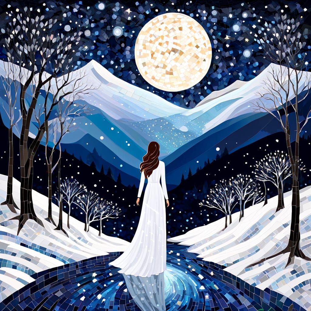 Mosaic Starry Night with Woman and Waterfall
